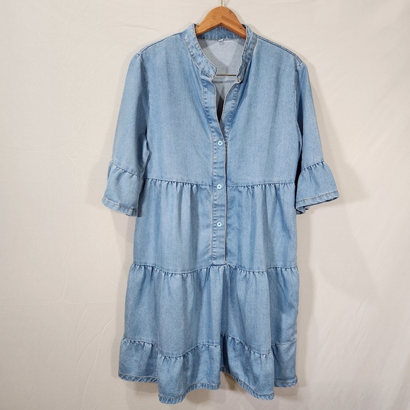 Dresses & Skirts - Blue Tiered Ruffled Mini Sundress with Mandarin Collar